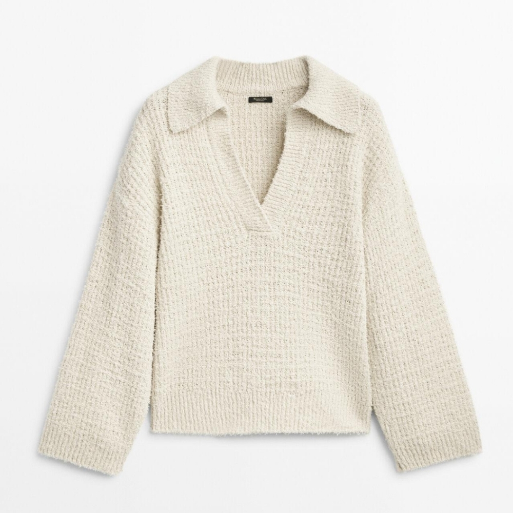 TEXTURED KNIT POLO COLLAR SWEATER size M beige/ cream
